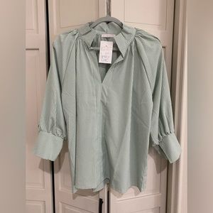Karlie green and white ruffle sleeve blouse; small; new with tags